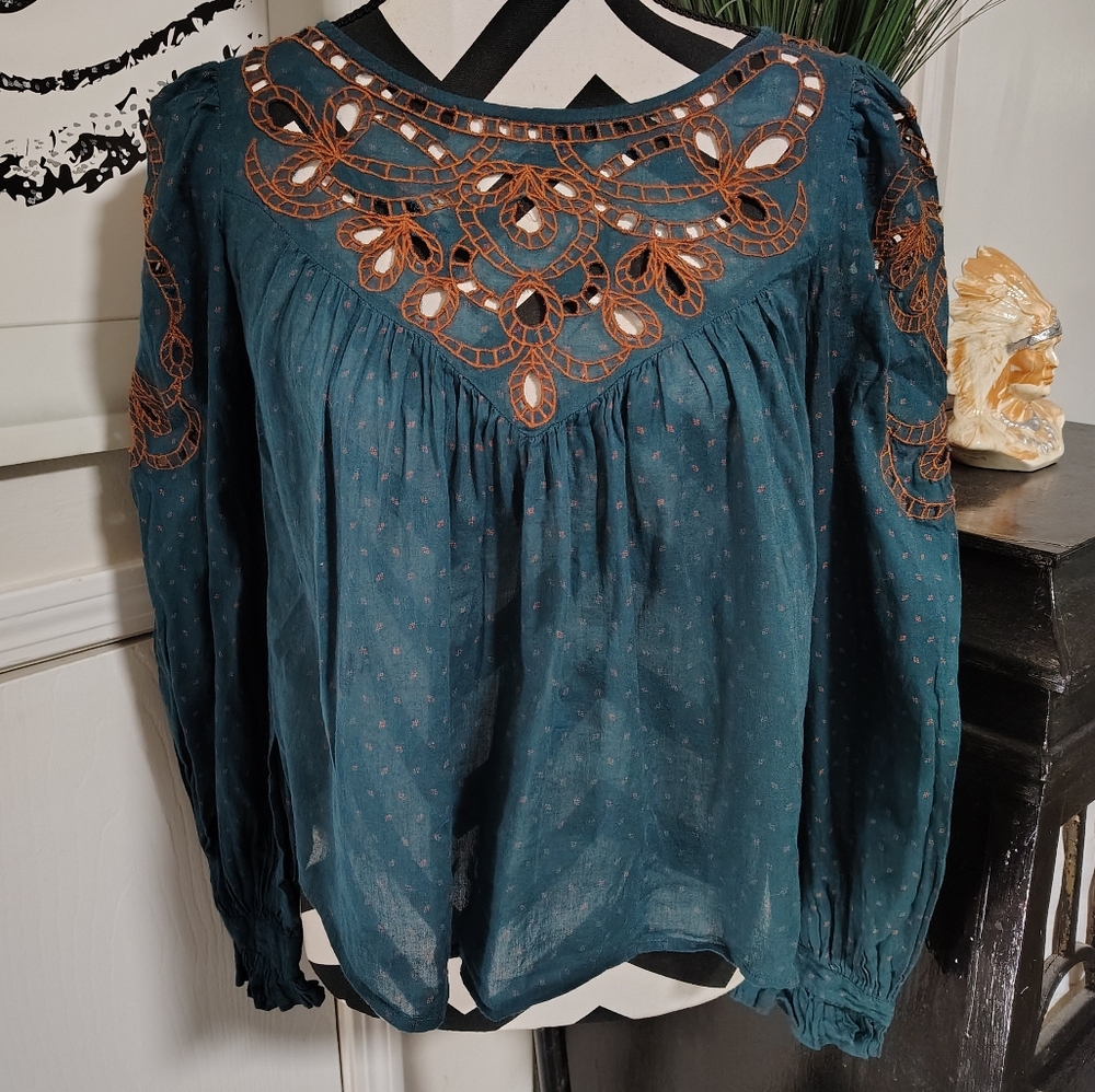 Free People Everything I Know Embroidered Cuteork Teal Peasant Top Women's XS - Picture 4 of 11